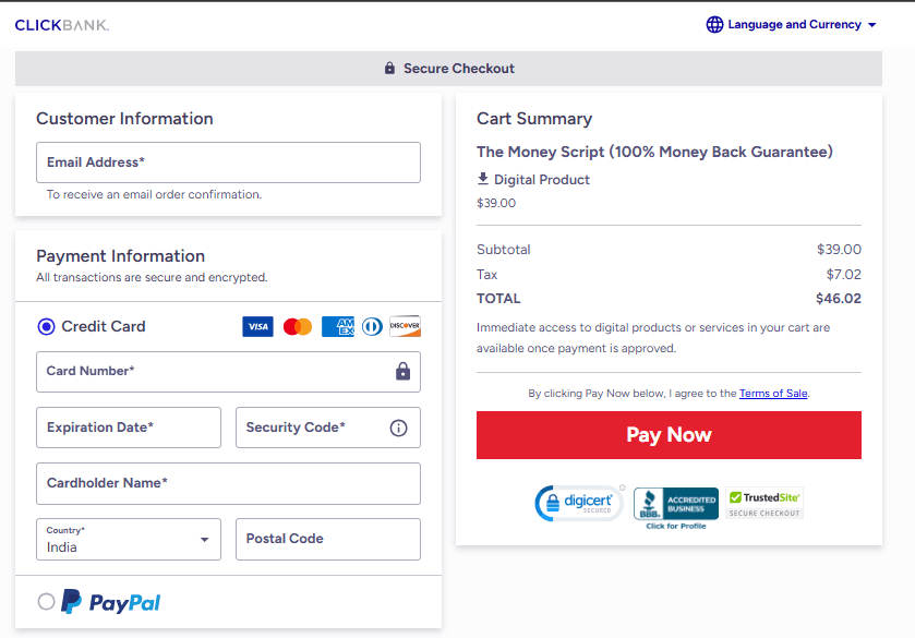 The Money Script Checkout Page